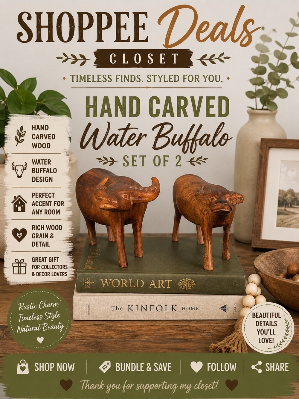 Vintage Wooden Hand Carved Set of 2 Oxen Animal Figures